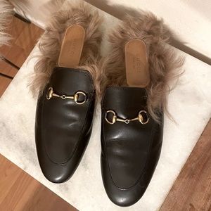 Gucci Princetown Fur Lined Horsebit Black Leather Loafer Mule Size EU 39.5